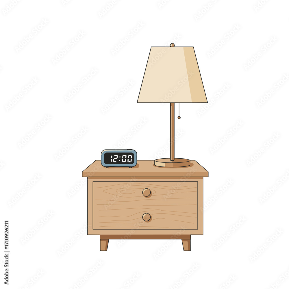 Bedroom essentials in flat vector design with lifestyle mood, alarm clock, lamp and eyeglasses neatly arranged on wooden table against white background