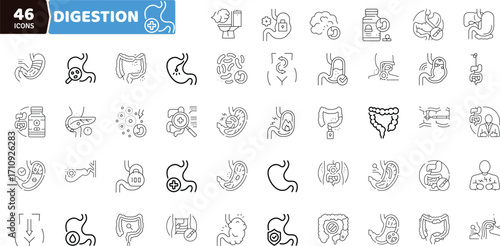 Digestion and Gut Health Icons Set - Medical and Anatomy Line Vector Collection