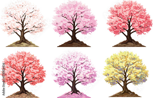 Cherry blossom tree set, spring sakura illustration, colorful blooming trees, seasonal floral nature design, Japanese garden art, romantic landscape background