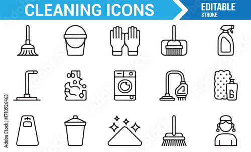 Hygiene and sanitation icons collection with outline cleaning tools for household, office, and janitorial use