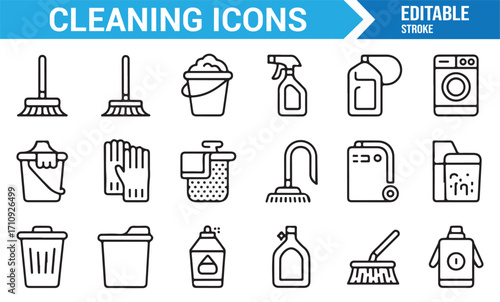 Vector editable stroke icons of household cleaning equipment including gloves, mop, bucket, and detergent