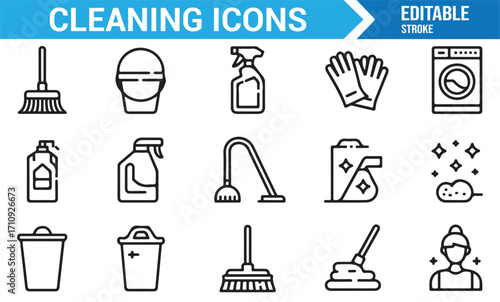Collection of cleaning related outline icons featuring mop, spray, vacuum, washing machine, and trash bin