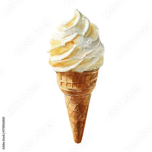 Ice Cream Cone, watercolor painting, vector illustration, isolated on a white background.