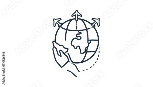 A simple, linear graphic displays a world globe encompassed by airplane icons, conveying global travel and connection.