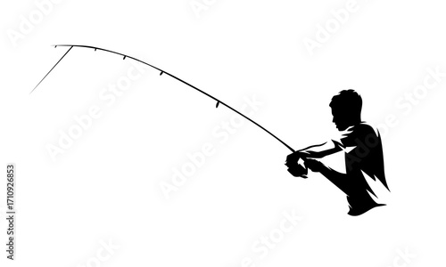 Fishing, fisherman holding fishing rod. Casting line and waiting to catch fish, isolated vector silhouette