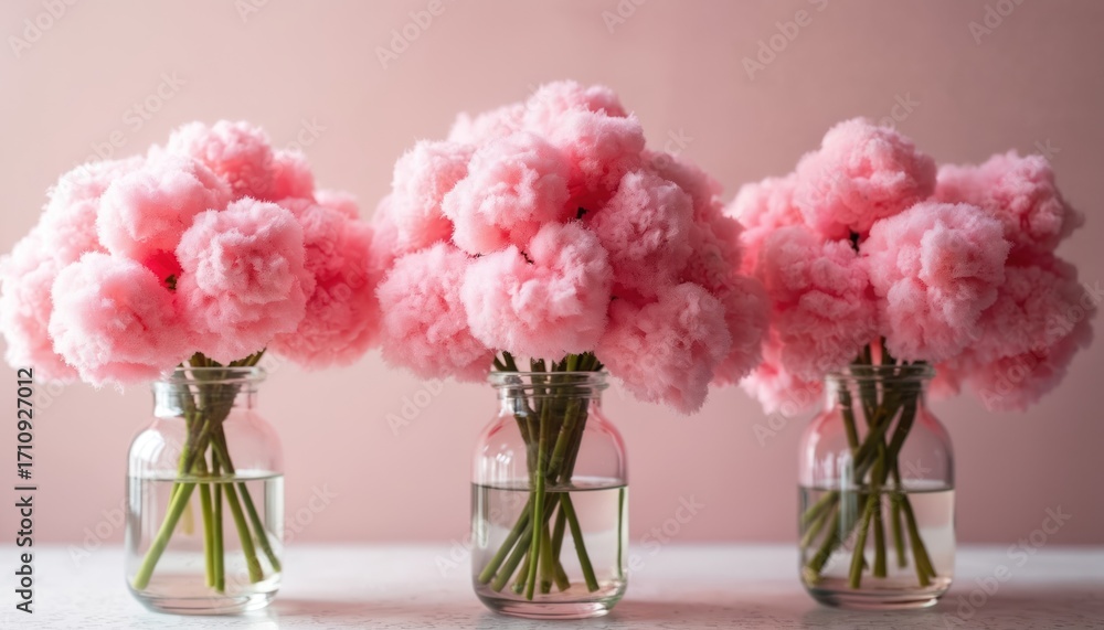 Obraz premium Three glass vases display delicate pink fluffy flowers. Green stems rise from the water. Soft pink background complements the floral arrangement. Beautiful flowers in a gentle scene.