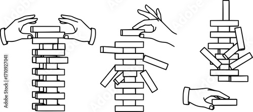Wood stack balances game icons set. Line icons representing hands building, balancing, and carefully removing blocks from a wooden tower structure, symbolizing risk, strategy, and patience