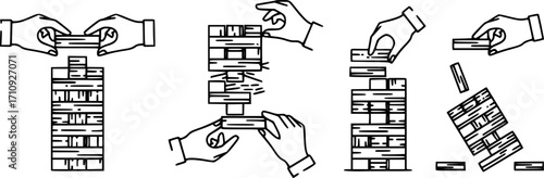 Wood stack balances game icons set. Line icons representing hands building, balancing, and carefully removing blocks from a wooden tower structure, symbolizing risk, strategy, and patience