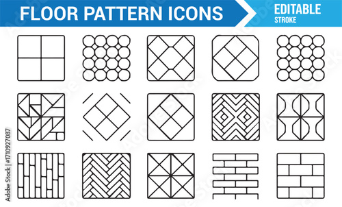 Set of decorative floor outline icons including parquet, herringbone, mosaic, brick, and ceramic tiles