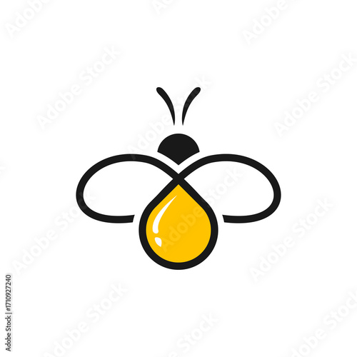 A minimalist graphic illustration of a bee with a yellow droplet of honey.