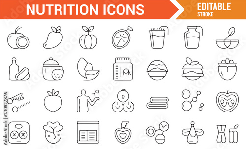 Collection of outline stroke nutrition icons for healthy lifestyle, food, supplements, and wellbeing design