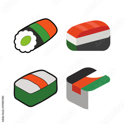 Isometric illustration of assorted sushi on transparent background