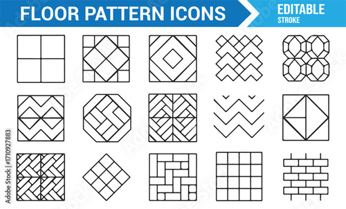 Editable stroke floor pattern icons set including geometric tile, parquet, herringbone, and mosaic design