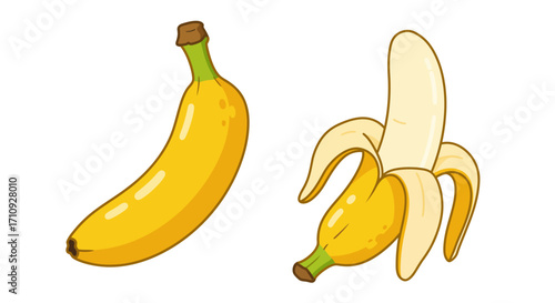 Illustration of a whole and partially peeled yellow banana fruit