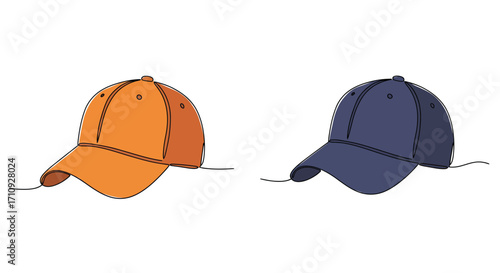 Simple illustration of two baseball caps orange and navy blue
