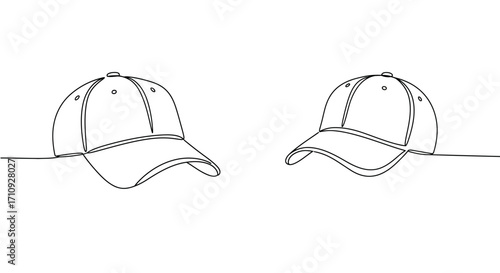Minimalist line art illustration of two baseball caps in continuous drawing style