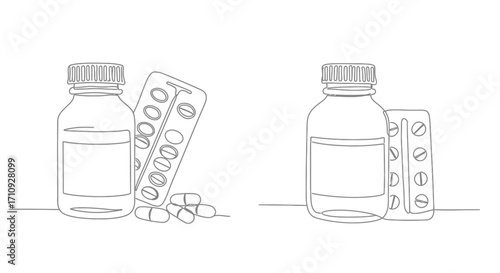 Line art illustration of medication bottles and blister packs simple design