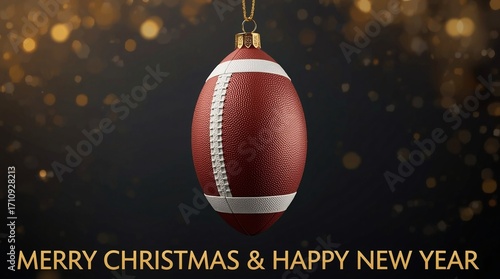 Fototapeta Naklejka Na Ścianę i Meble -  Christmas ornament designed as an American football ball with realistic leather texture and white stitches, festive holiday decoration, Merry Christmas and Happy New Year greeting card sports theme