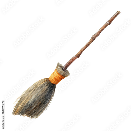Halloween Broomstick, watercolor painting, vector illustration, isolated on a white background.