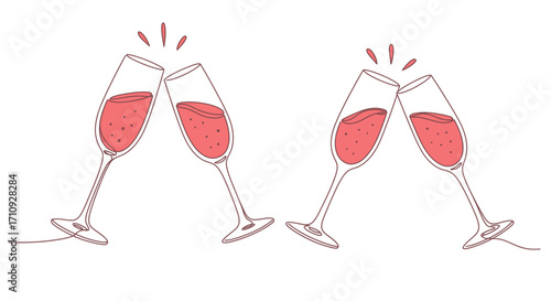A simple illustration depicts two sets of champagne glasses clinking together