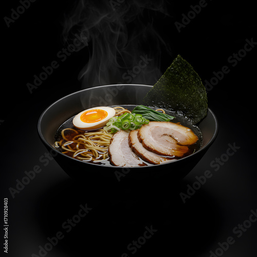 Delicious steaming ramen bowl with pork, egg, and seaweed, a culinary delight on dark background