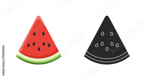 A colorful watermelon slice illustration and its black and white counterpart