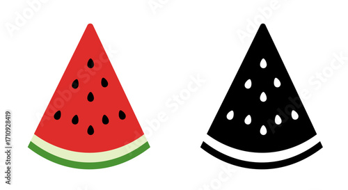 Two watermelon slices one colorful and one monochrome are shown side by side