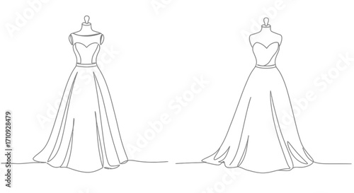 Elegant long gowns displayed on fashion dress forms sketch illustration