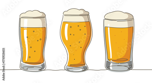 Three glasses of golden beer with foamy heads illustration style