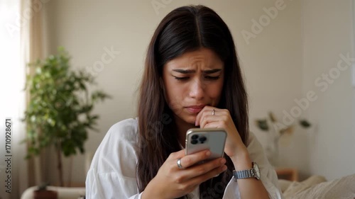 Sad woman, phone and crying with bad news, anxiety or stress in mental health or burnout at home. Face of emotional female person in fatigue, breakup or depression on mobile smartphone at the house