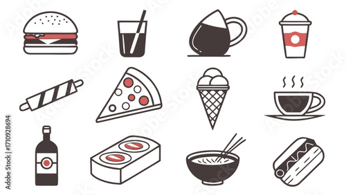 Food and drinks icon set with burger, pizza, coffee, tea, wine, beer, ice cream, sushi, noodles, salad, and delivery flat vectors.