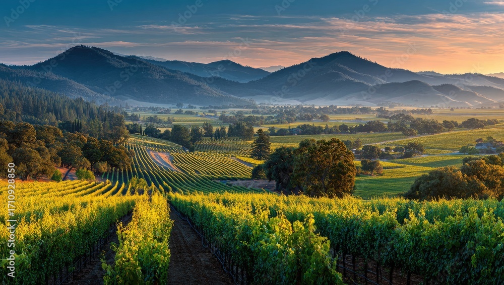Obraz premium Panoramic vineyard vista at sunrise