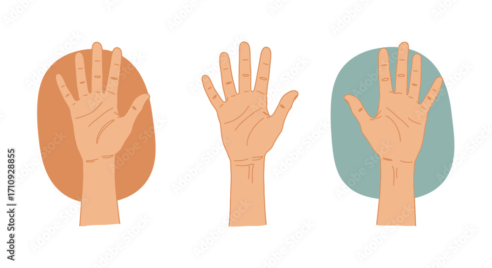Obraz premium Three hand illustrations in different orientations against colored backgrounds