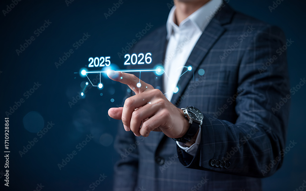 Obraz premium A businessman touches a digital progress bar indicating the transition from 2025 to 2026, goal achievement planning, symbolizing strategic planning, future readiness and challenge strategy.