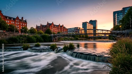Scenic River Aire flowing through Leeds City Center at Sunset with Buildings