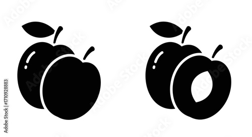 Simple black and white illustration of two apples and a plum