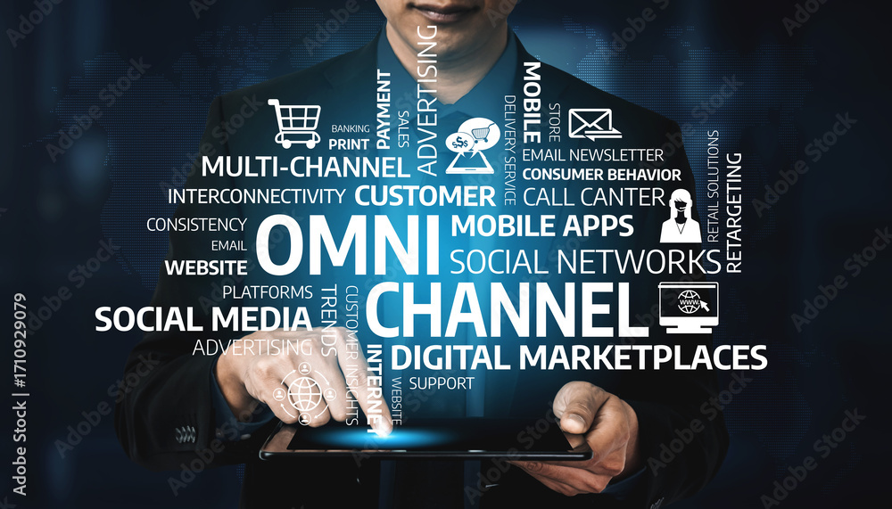 Fototapeta premium A business professional demonstrates an omni-channel strategy, emphasizing modern marketing techniques and digital engagement for improved customer experiences and interaction. Tessel