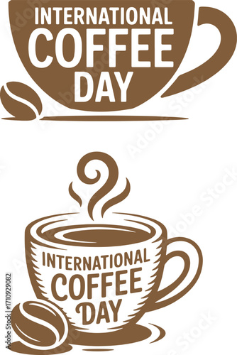 International coffee day steaming mug with bean element brown retro vector cafe beverage shop