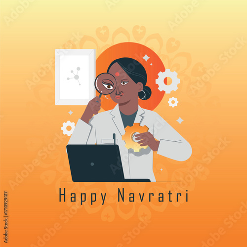 A creative illustration of a scientist with a bindi, using a magnifying glass to explore concepts, blending modern science with the spiritual themes of Navratri.