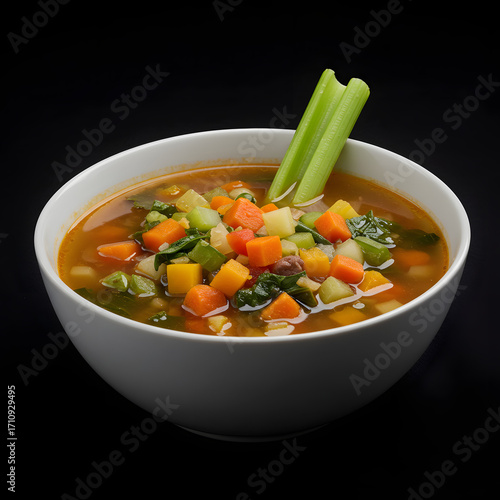Fresh vegetable soup with celery stick, a wholesome meal option for healthy living