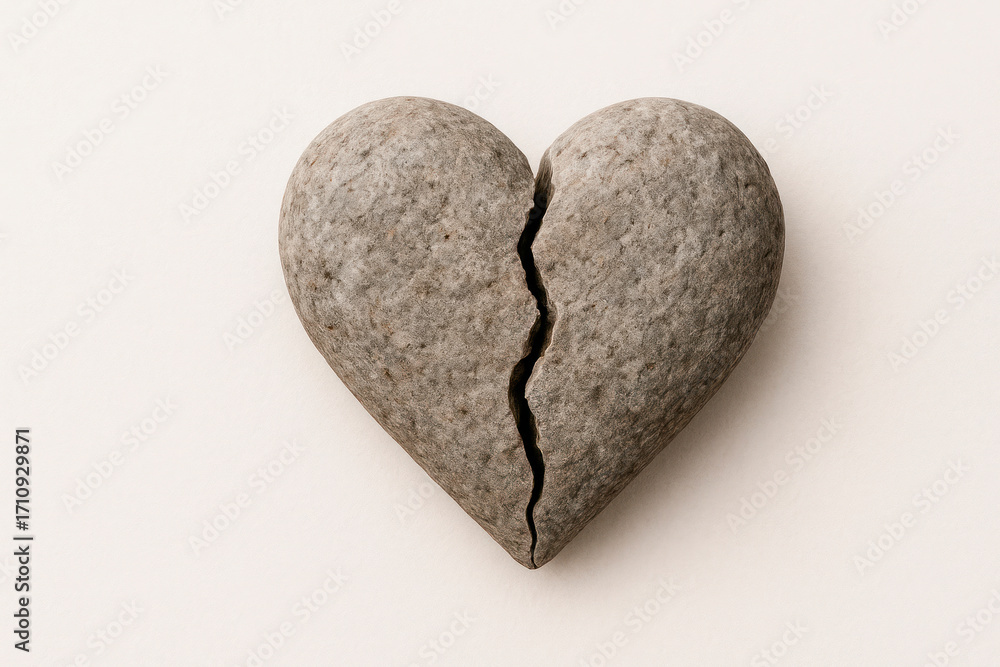 Fototapeta premium A heart of stone with a crack on a light background. Space for text.
