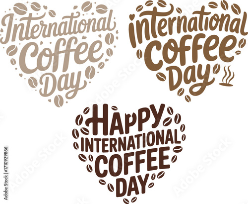 International coffee day word art design in heart shape with steaming mug brown retro cafe beverage shop poster vector logo graphic and hot drink celebration template