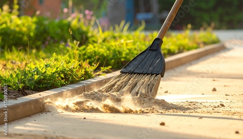 Wallpaper Mural A broom sweeps sand from a paved walkway bordered by lush greenery on a sunny day. Torontodigital.ca