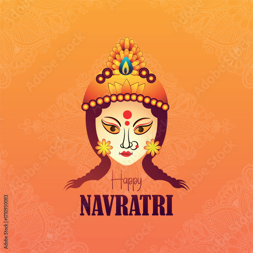 A stunning and artistic illustration of the serene face of Goddess Durga with ornate headgear, celebrating the Hindu festival of Navratri against a vibrant orange background.