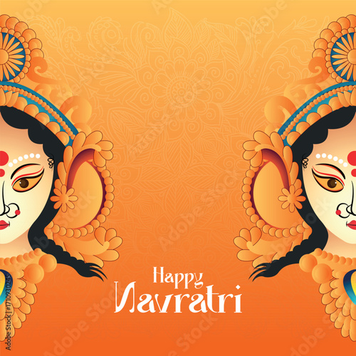 An elegant and artistic illustration featuring two partial views of the face of Goddess Durga with ornate headgear, celebrating the Hindu festival of Navratri.