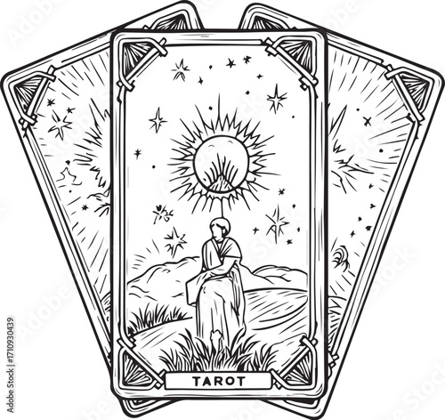 Tarot Cards Future Reading Simple Hand-drawn Doodle Sketch Vector Illustration Linear Line Art Engraving Isolated Black and White
