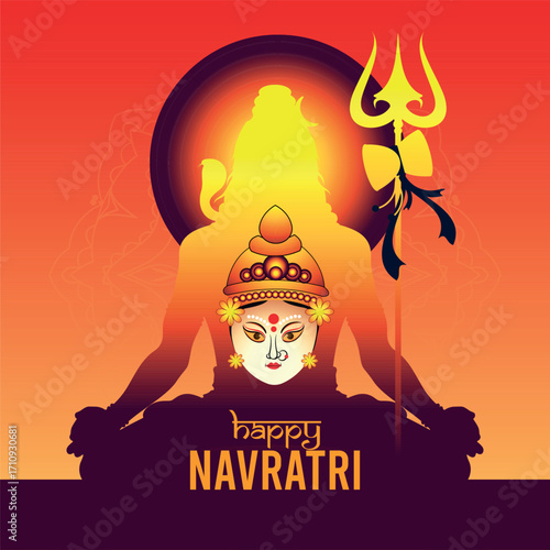 An artistic and vibrant illustration for the festival of Navratri, featuring a serene image of Goddess Durga's face over a silhouette of Lord Shiva with his trident.