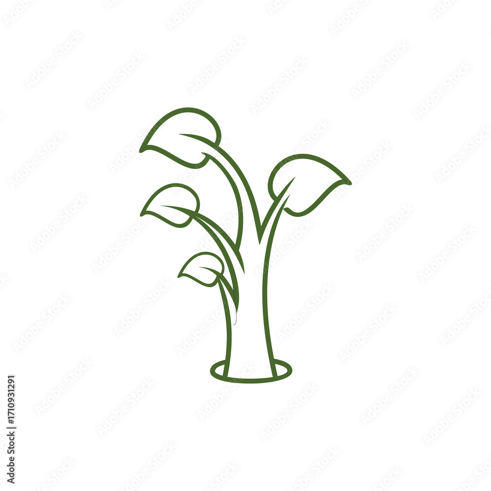 Fototapeta premium A minimalist green line art icon of a young plant with multiple leaves sprouting from a hole.