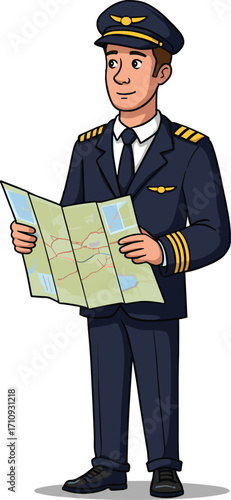 Cartoon airline pilot in uniform holding flight map, aviation navigation concept, professional aircrew character illustration for travel and transport.