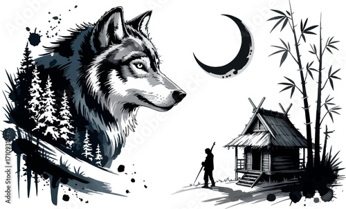 This multi-element ink wash style image features a striking profile of a wolf emerging from a forest, a crescent moon, a traditional wooden cabin, and a solitary figure standing. 